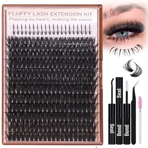 False Eyelashes Kit, 280 Clusters Eyelash Extensions & Eyelash Glue & Tweezers & Brush, Professional Eye Makeup Accessories for Women, Eyelash Fixer, Individual Eyelash Kit, Diy Lash Cluster, Diy Lash Tools, Eyelash Extension Supplies