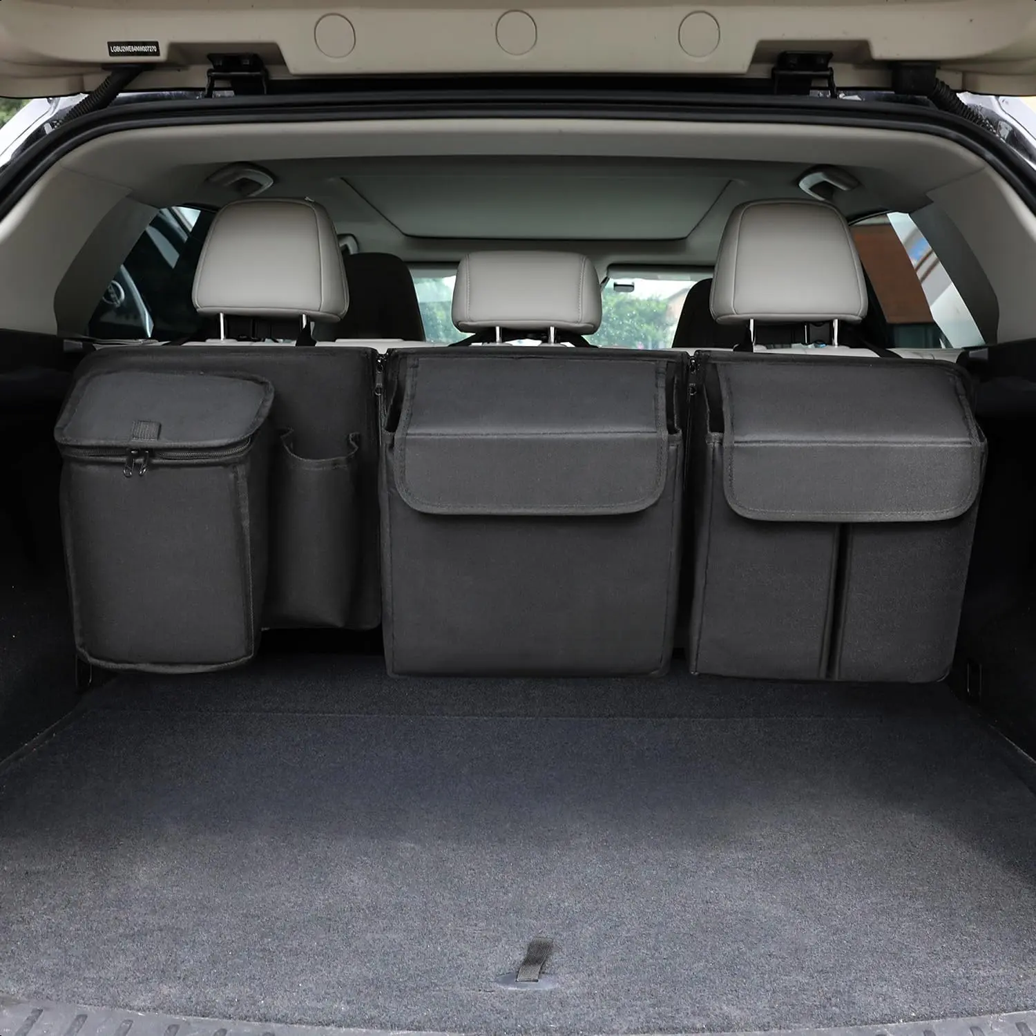 Deluxe Plastic Car Backseat & Trunk Storage Organizer for Medium-Large SUVs-RVs, Functional Travel Gear with Detachable Modules, Built-in Cooler Bag, 3 Compartment Design, Zip Closures, Extra Stability, Never Sag, Patent Pending