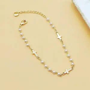 Women's Dainty Cross Charm Bracelet - Stainless Steel, Imitation Pearl Accents, Luxury Daily Wear Religious Easter Costume Jewelry