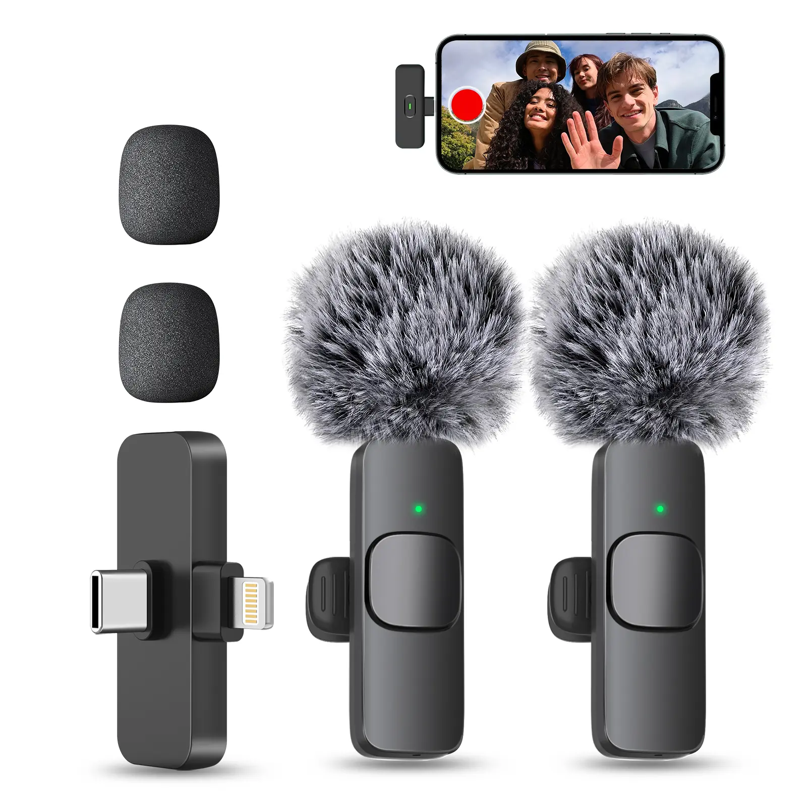 MAYBESTA 2-in-1 Wireless Lavalier Dual Mics System, Abs/Plastic Omnidirectional Noise Cancelling Lav Mic with Windscreens, Plug-and-Play Dual Interface for iOS/Android (iPhone 14-16), Laptops for Vlogging, Outdoor Recording