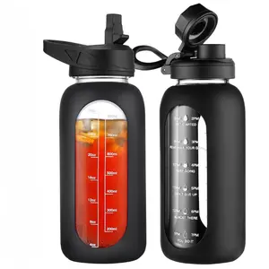 32oz Glass Water Bottle with Straw Handle | Motivational Sports Water Bottle with Time Marker | Drinking Bottle with 2 Lids, Silicone Sleeve & Handle | Leakproof Glass Water Bottle for Gym, Travel & Daily Hydration | water bottle with silicon sleeves