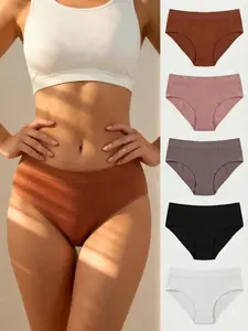 Women's Seamless Knit Triangle Panties, Comfortable Breathable Mid-Waist Soft Elastic Absorbent Daily Briefs, Everyday Wear