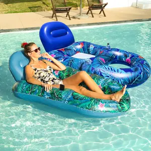 2 Pack 65'' x 42'' Large Inflatable Pool Float Chairs for Adult, Pool Lounger with Cup & Phone Holder, Backrest, Footrest for Tanning Pool Lounge