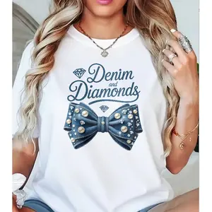 Women's Oversized Cotton Short-Sleeve Round Neck Denim Top - Flat Pearl Rhinestone Denim Bow, Western Glam, Loose Casual Fit, Printed Fabric, Rhinestone-Studded Women's T-Shirt