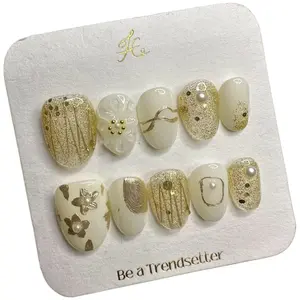 Y39 Spring Summer yellow gold short flower handmade removable press on nails