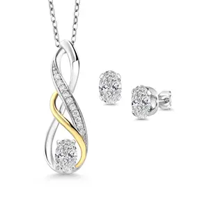 925 Silver and 10K Yellow Gold Lab Grown Diamond and White Lab Grown Diamond Pendant Earrings Jewelry Set For Women | 1.27 Cttw | Gemstone April Birthstone | Oval 6X4MM | with 18 Inch Chain