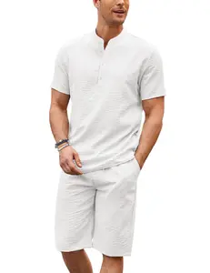 COOFANDY Men's 2 Pieces Linen Set Casual Henley Shirts Short Sleeve Beach Yoga Shorts Summer Pants Outfits Classic Menswear