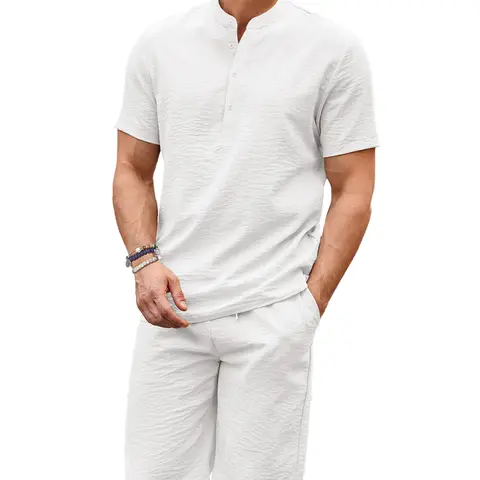 COOFANDY Men's 2 Pieces Linen Set Casual Henley Shirts Short Sleeve Beach Yoga Shorts Summer Pants Outfits Classic Menswear