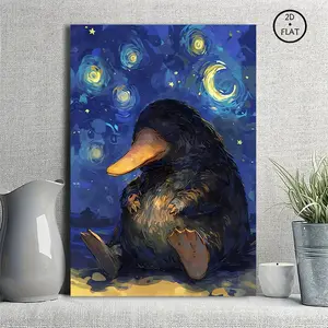 Van Gogh Starry Night Niffler Canvas Wall Art, Fantastic Beasts Magic Creature Classic Parody Poster, Framed or Unframed Canvas Print, Aesthetic Bedroom Decor, Whimsical Gift for Wizard World Fans