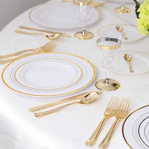 10Pieces Gold Plastic Plate - 9 inch Disposable Salad/Dessert Plate - White High Quality Hard Plastic Appetizer Plate/Petit Cake Plate with Phnom Rim for Weddings and Parties