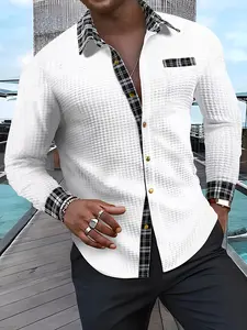 Men's textured waffle grid splicing grid metal design button long sleeved outdoor casual shirt