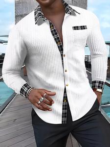 Men's textured waffle grid splicing grid metal design button long sleeved outdoor casual shirt