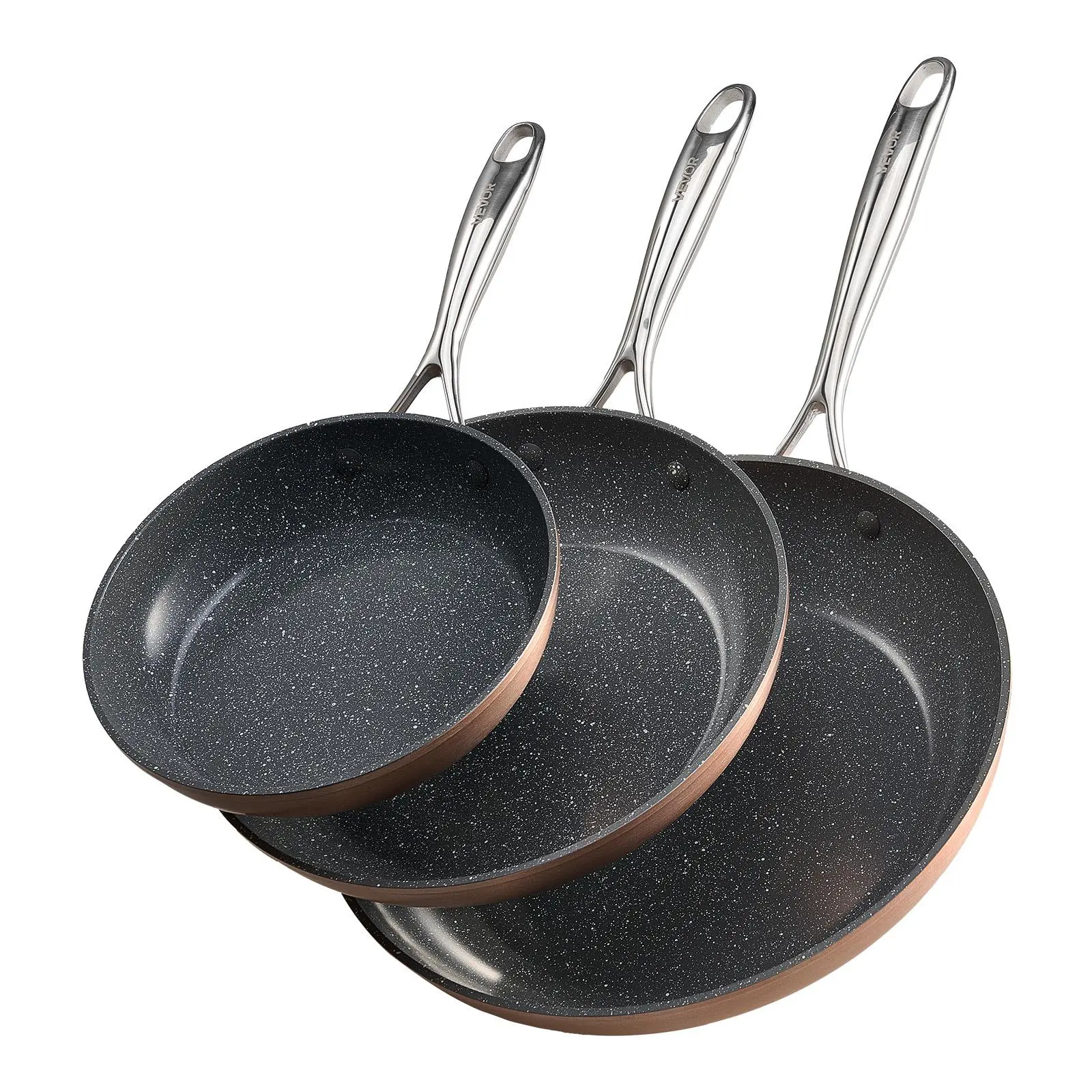 【Summerfinds】VEVOR Multi-Size Nonstick Aluminium Frying Pan Set, 3-Piece (8,10,12 in) Thermal Ceramic Heavy-Duty Skillets with Heat-Resistant Handle, Chef's Cookware for Simmering, Oven, Gas, Electric, Induction, Grey