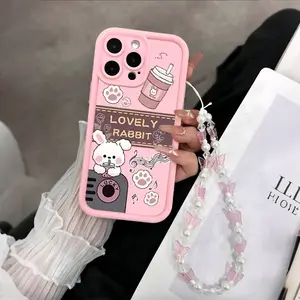 Milk Tea Bunny UV Print Phone Case, Butterfly Beaded Strap, Soft Tpu Protection, Fits iPhone 17 16 15 14 13 12 11 X Pro Max