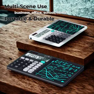 2-in-1 Desk Calculator with 7" Erasable Writing Pad | 12-Digit Large Display, Solar Powered, Big Buttons for Office & School