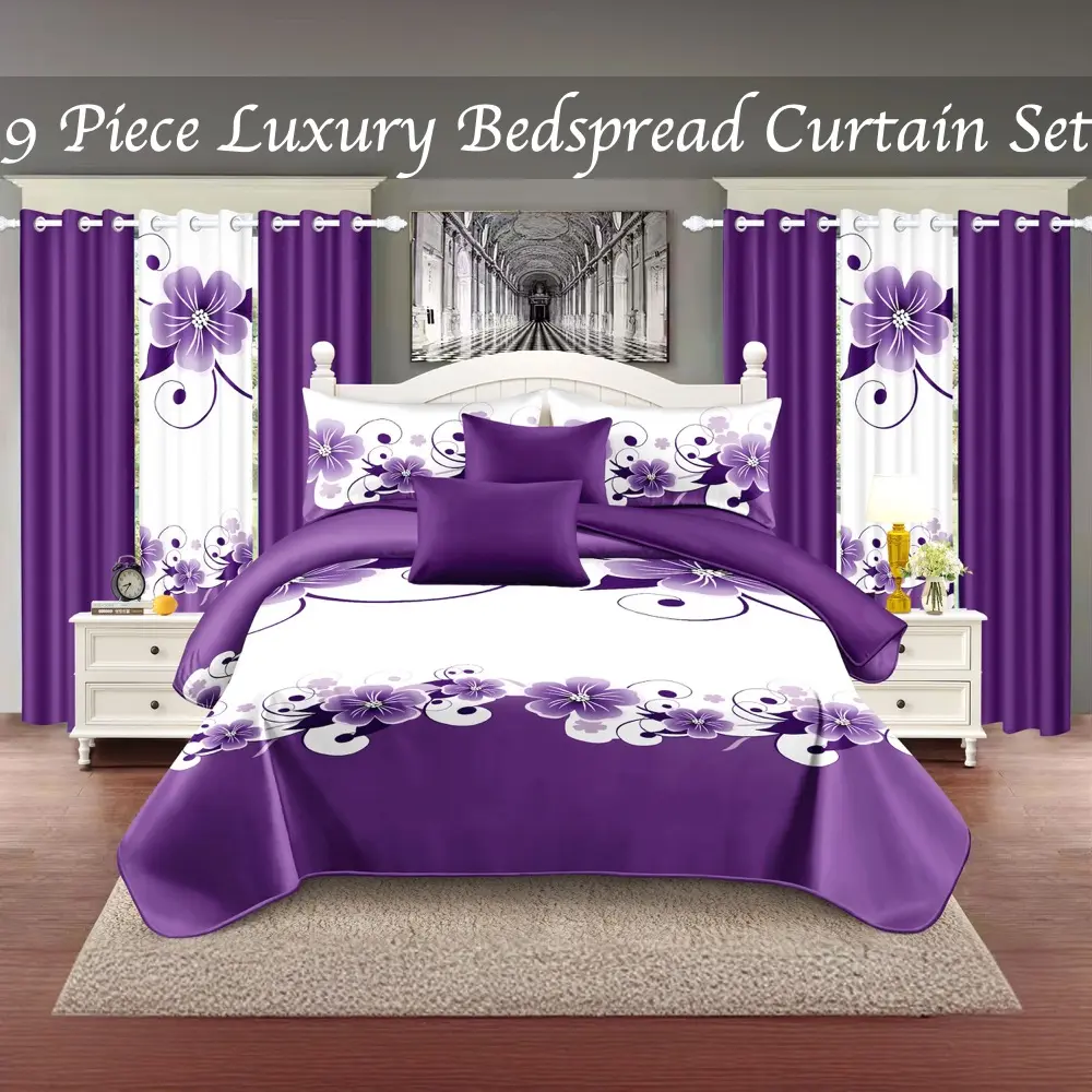 Queen 9-Piece Bamboo Microfibre Thick-Touch Bedding Set - Upgraded Luxury All-Seasons Bedspread & Curtain Set with Gift Bag, for Home, RV Use (Ideal Gift for Kids)