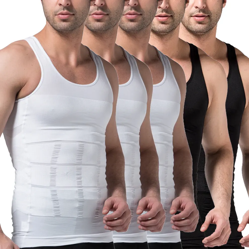 Men's Body Shapewear Compression Tank Top, 2/3/4/5 Pack Sleeveless Fitted Undershirt, Breathable Elastic Soft Stretchy Fabric, Tummy Control for Daily Casual & Workout Use, Set, Vests, Athletic, Elastic Knit, Fitted Cut