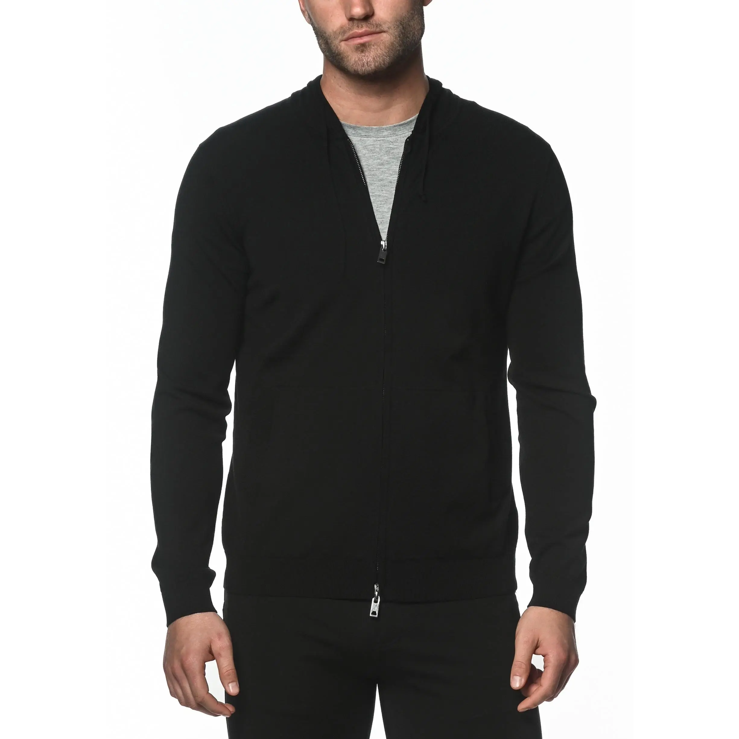 BLACK SILK TENCEL KNITTED ZIP HOODIE PM-16310