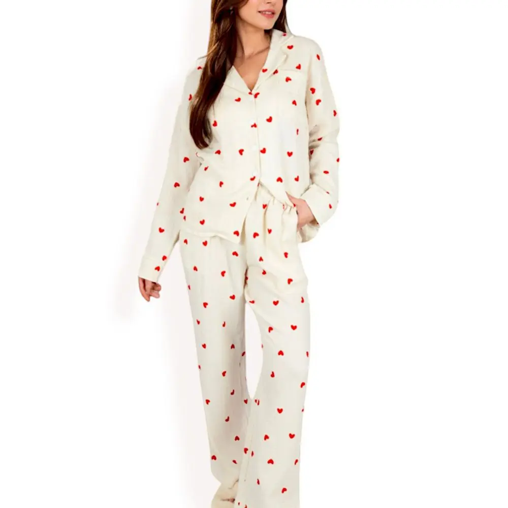 Anna-Kaci Women's Cotton 2-Piece Nightwear Loungewear Set - Long Sleeve Button-Up Shirt, Relaxed Fit Heart Print Pajama Garment