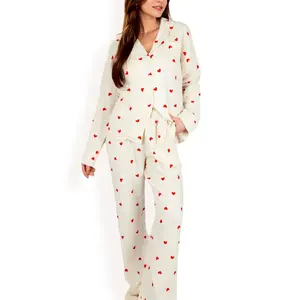 Anna-Kaci Lounge Women's Heart Print 2-Piece Pajama Set with Long Sleeve Button-Up Top and Relaxed Fit Pants - Small, White