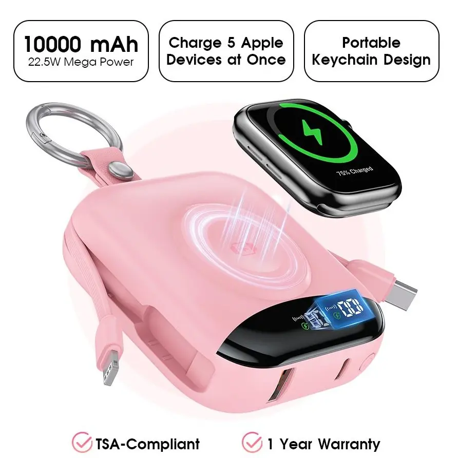 Summerwins 10000mAh Alloy Portable Charger - 22.5W Fast Charging Wireless Power Bank with Built-in Cables, USB-C Port, LED Display, 3.5H Recharge for iPhone 11/10/9/8/7/6/SE/Ultra, iWatch, Android13 Mobile Devices (Father’s Day Gift)