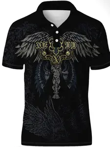 Men's Gothic Angel Wings Print Polo Shirt, Fitted Casual Collared, Casual Fitted Style, Perfect for Daily Wear, Unique Design, Comfortable Fit