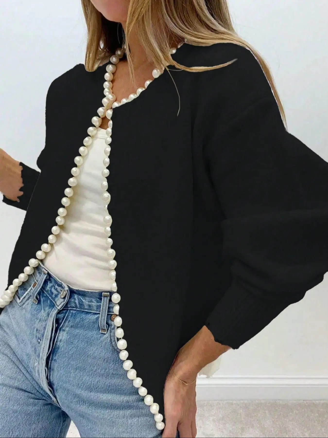 Women's Pearl Trim Open Front Knitting Cardigan, Elegant Fitted Long Sleeve Black Sweater, Ladies Chic Knitwear Top for Fall & Winter, Jackets for Women