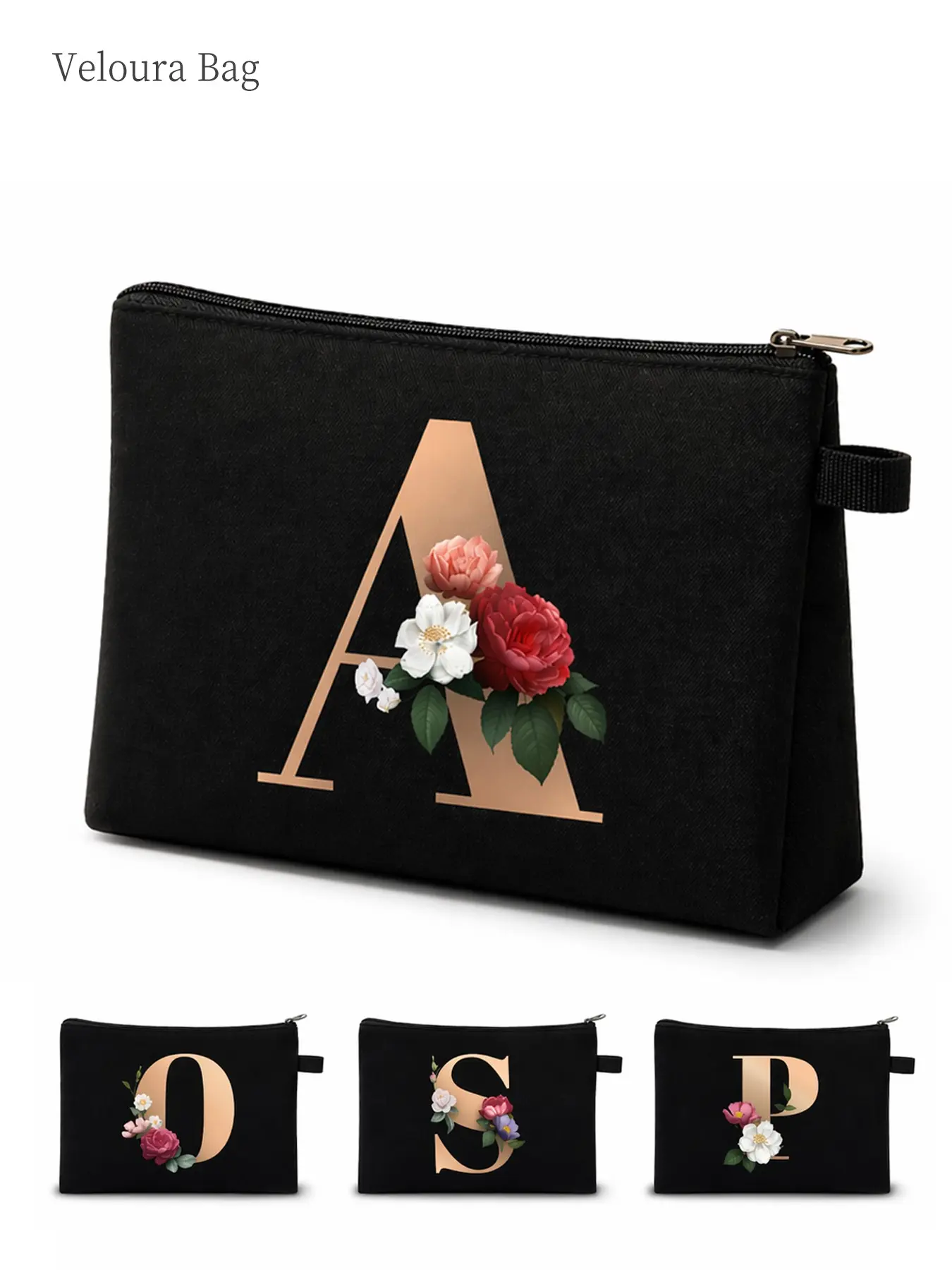 1pc Floral Initial Makeup Bag for Women, Personalized Letter Cosmetic Pouch, Large Capacity Toiletry Organizer, Zipper Portable Clutch for Makeup, Skincare & Essentials, Lightweight & Durable for Travel & Daily Use, Perfect Holiday Gift