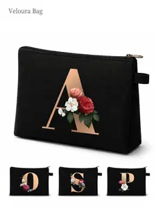 1pc Floral Initial Makeup Bag for Women, Personalized Letter Cosmetic Pouch, Large Capacity Toiletry Organizer, Zipper Portable Clutch for Makeup, Skincare & Essentials, Lightweight & Durable for Travel & Daily Use, Perfect Holiday Gift