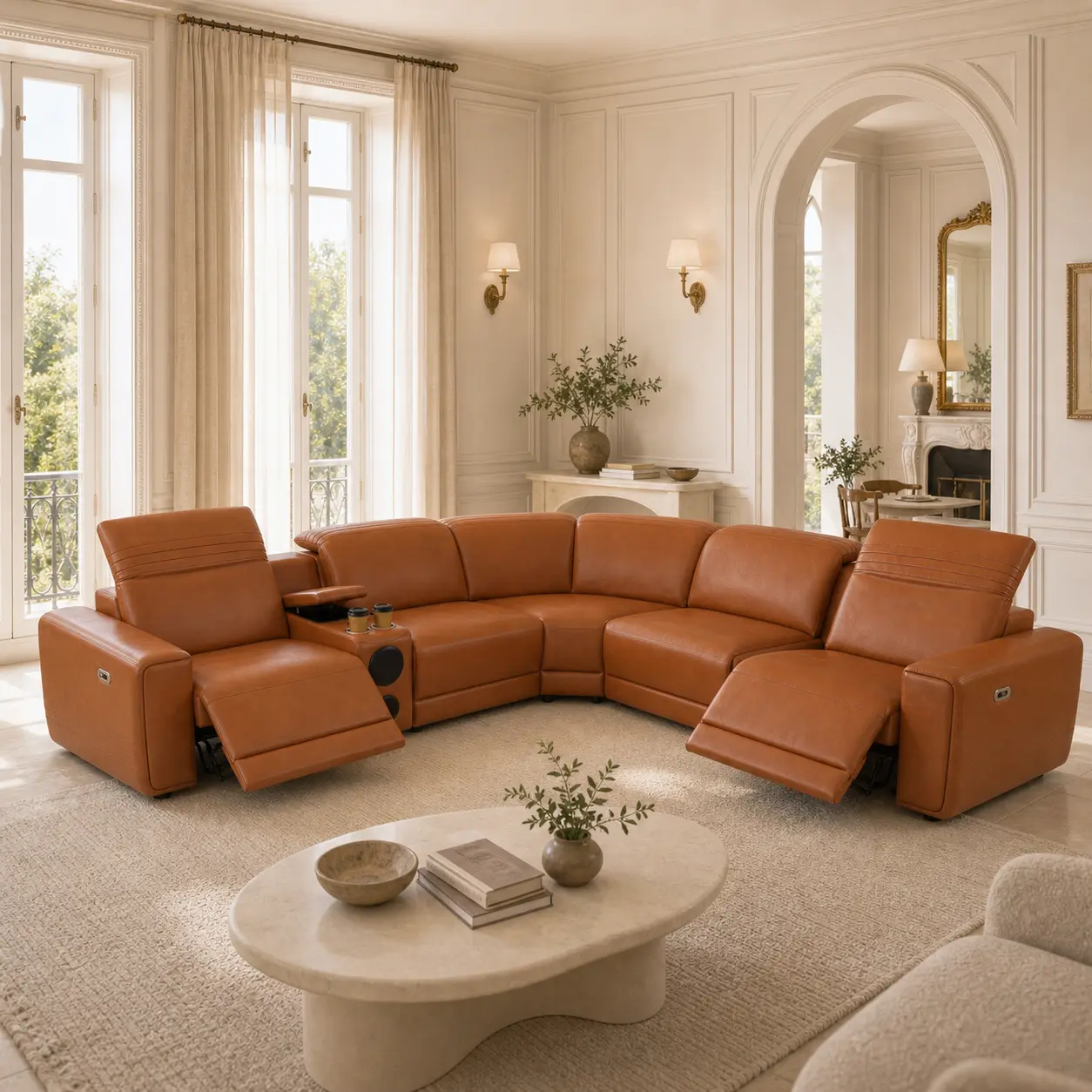 6 piece couch set, smart power recliner, orange yellow sectional sofa, PU leather living room sofa, reclining sofa set, home theater couch, family lounge sofa, modern sofa set