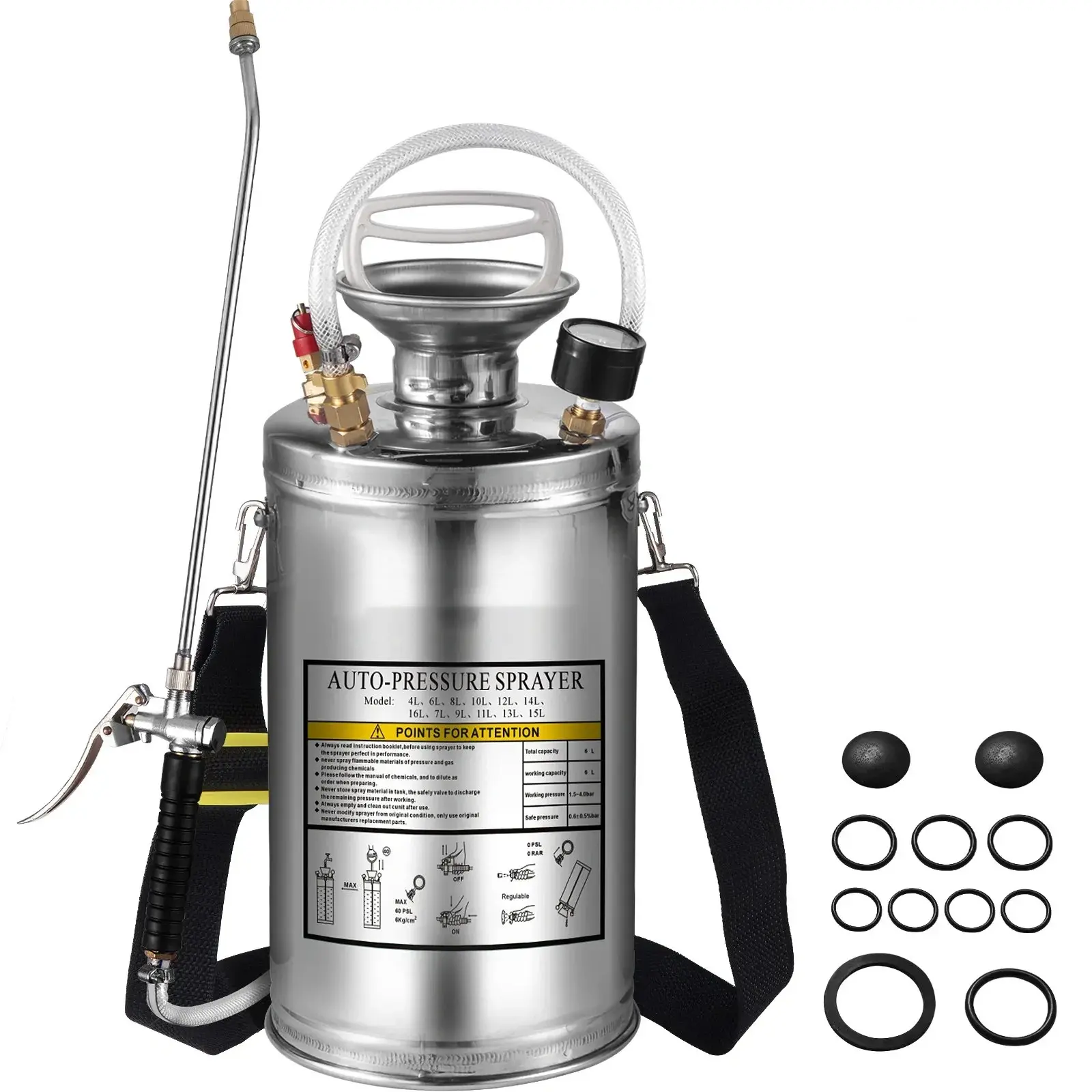 1.5Gal Stainless Steel Hand Pump Sprayer, with Pressure Gauge, Safety Valve, 16in Wand, Handle, 3.3FT Reinforced Hose, Adjustable Nozzle for Gardening, Sanitizing
