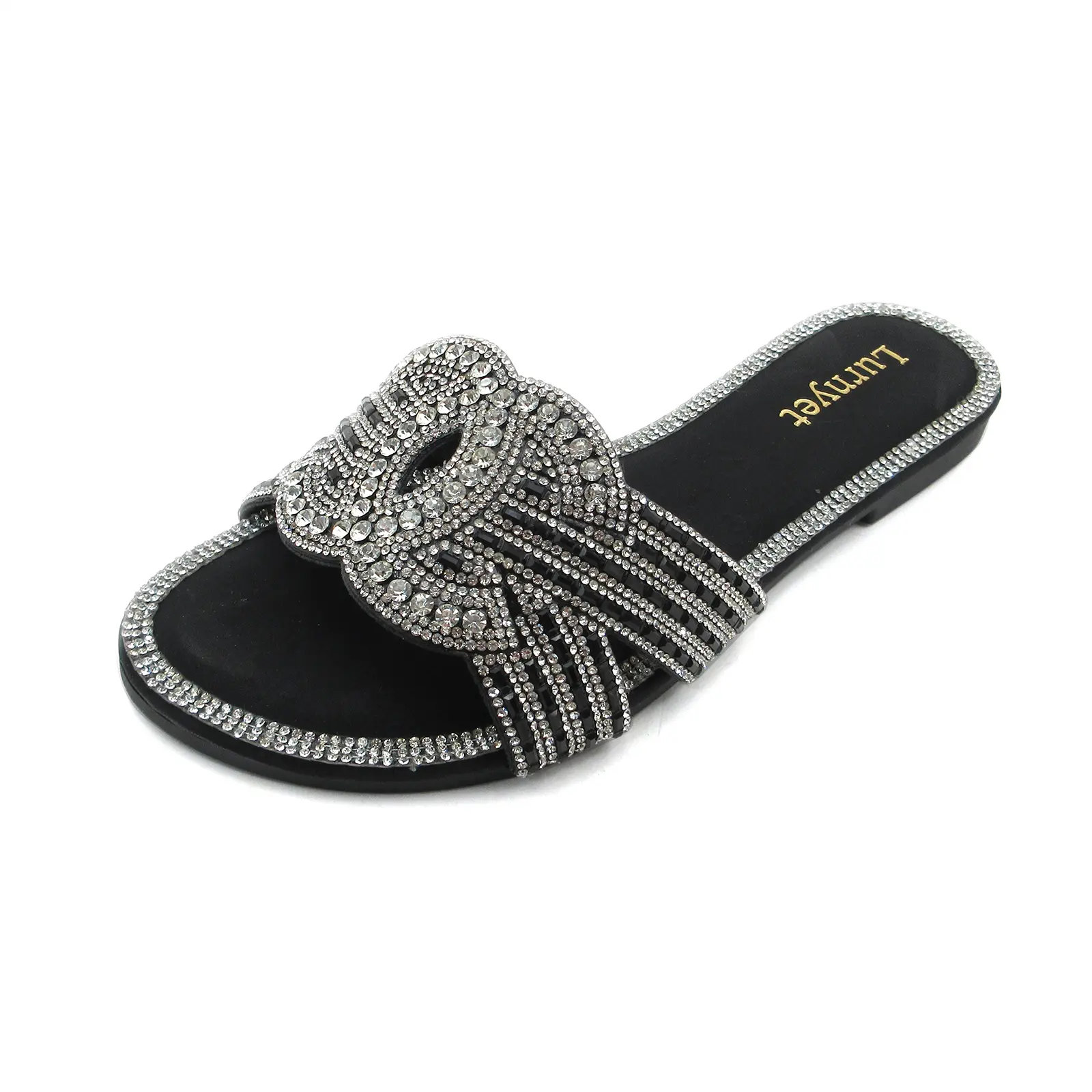 Women's Sparkly Rhinestone Chain Decor Slide Sandals, Solid PU Leather Flat Slides with Non-Slip Rubber Sole, Lightweight Comfort Walking Footwear for Beach, Home & Daily Summer Wear