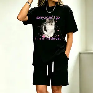 Men's Cotton Seamless Short Set - Smooth Inside Cat Graphic T-Shirt Top, Funny Unhinged Design, Unisex-Friendly Casual Wear