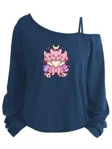 Women's Plus Size Printed Long Sleeve Asymmetrical Neck Tank Top, Loose-Fitting Cartoon Design, All Seasons Fashion, Sizes 1-8xl