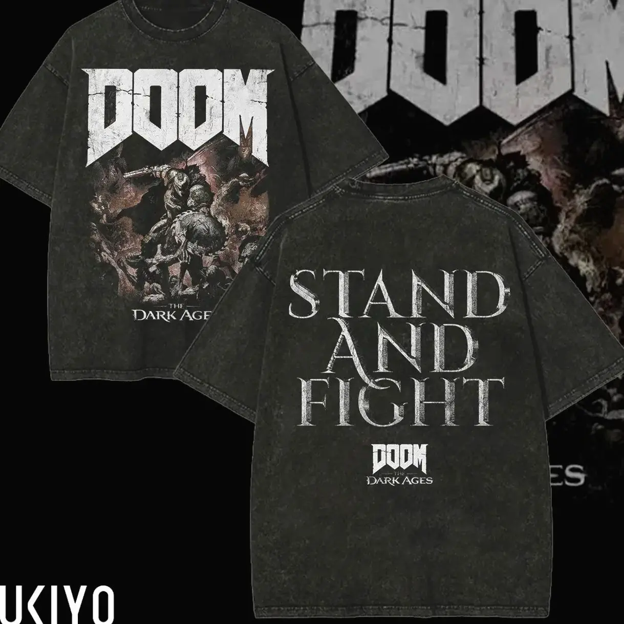 Doom The Dark Ages Printed Unisex Washed T-Shirt Stand And Fight Graphic Tee Vintage Acid Wash Oversized Heavyweight Cotton Tshirt Gaming Merchandise R1G