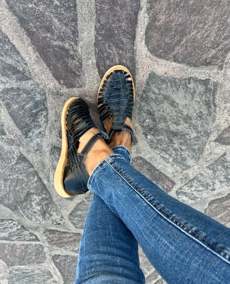 Huarache Sandal - All Sizes Boho- Hippie Vintage - Mexican Style - Black Leather - Mexican Huaraches