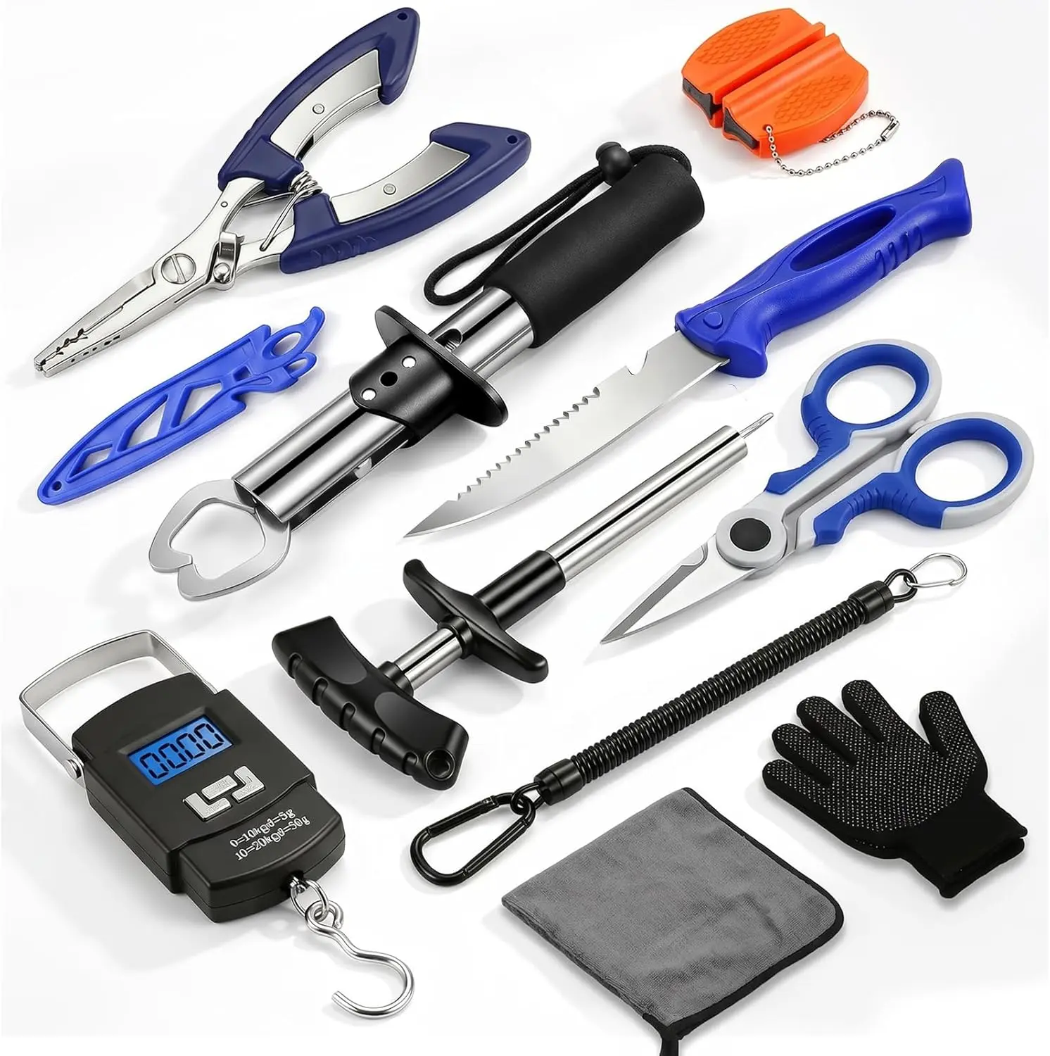 Stainless Steel Compact Portable Fishing Tool Set - Premium Fishing Combo, Incl. Knives, Pliers, Hook Remover, Gripper, Digital Scale, Saltwater Fly Gear, Sharpeners, Ideal Gift for Men