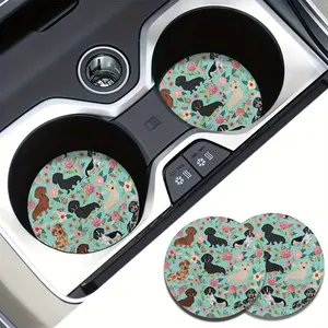 Cute Dog & Flower Pattern Car Coaster, Round Anti-slip Car Cup Holder Coaster, Car Interior Decoration Accessories for Women & Men, Car Interior Accessories Girls