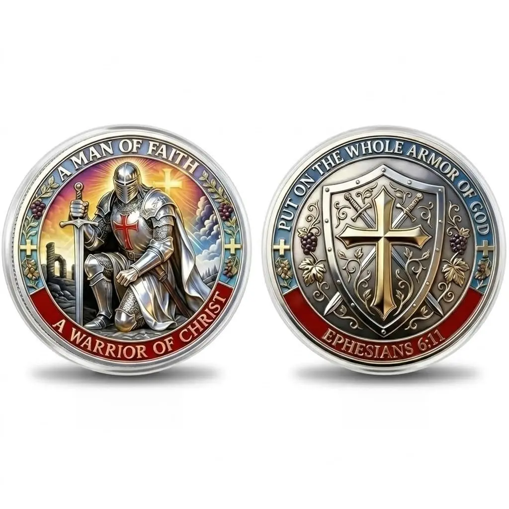 Sacred Guardian Commemorative Coin, Double Sided Knight Templar Challenge Coin with Sword Cross Shield Design, A Man of Faith, A Warrior of Christ, the Whole Armor of God Ephesians 6:11 (1 PC)