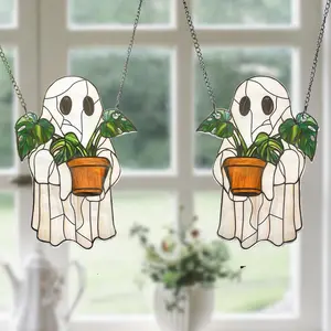 2PCS Cute Ghost Plant Suncatcher - Ghost and Monstera Acrylic Ornament, Perfect Halloween Hanging Decor, Ideal Gift for Plant Lovers and Moms