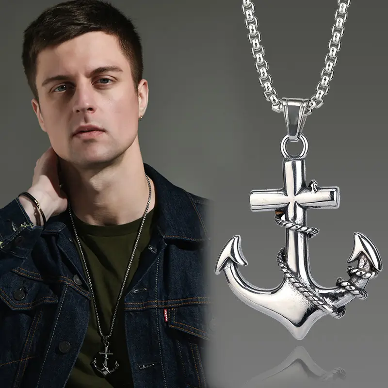Unisex Stainless Steel Anchor Pendant Necklace, Vintage Navy Style, Punk Fashion, All Seasons, Plain Design