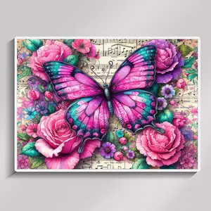 Butterfly Flower Diamond Painting Musical Note Art Full Square Diamond Embroidery Mosaic Kit Home Wall Decor for Handmade Lovers Gift 30x40cm/11.81x15.75inch