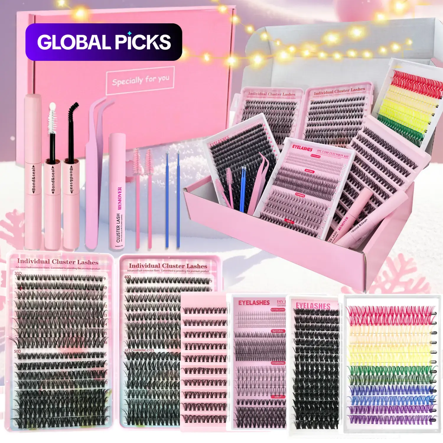 DIY Eyelash Extension Set in Mixed Lengths & Colors, Self-Application Volume Lash Clusters, Rainbow Wispy Individual Lash Extensions, DIY Cluster Lashes #GLOBAL PICKS