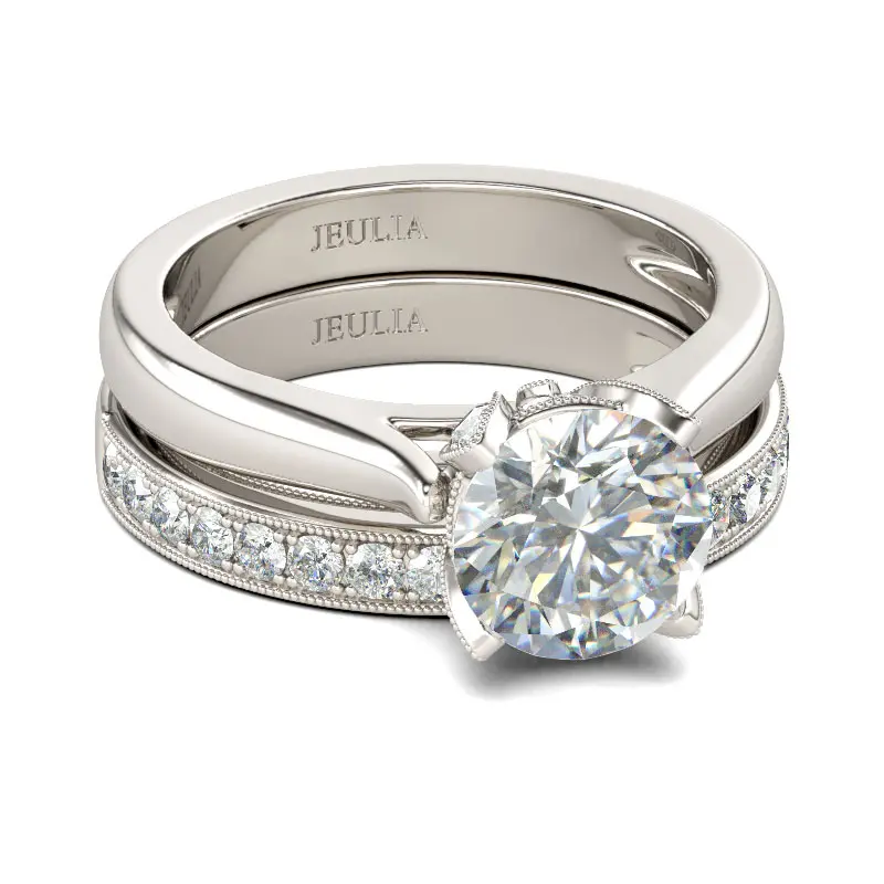 Jeulia Classic Round Cut Sterling Silver Ring Set Sterling Silver Zircon Engagement