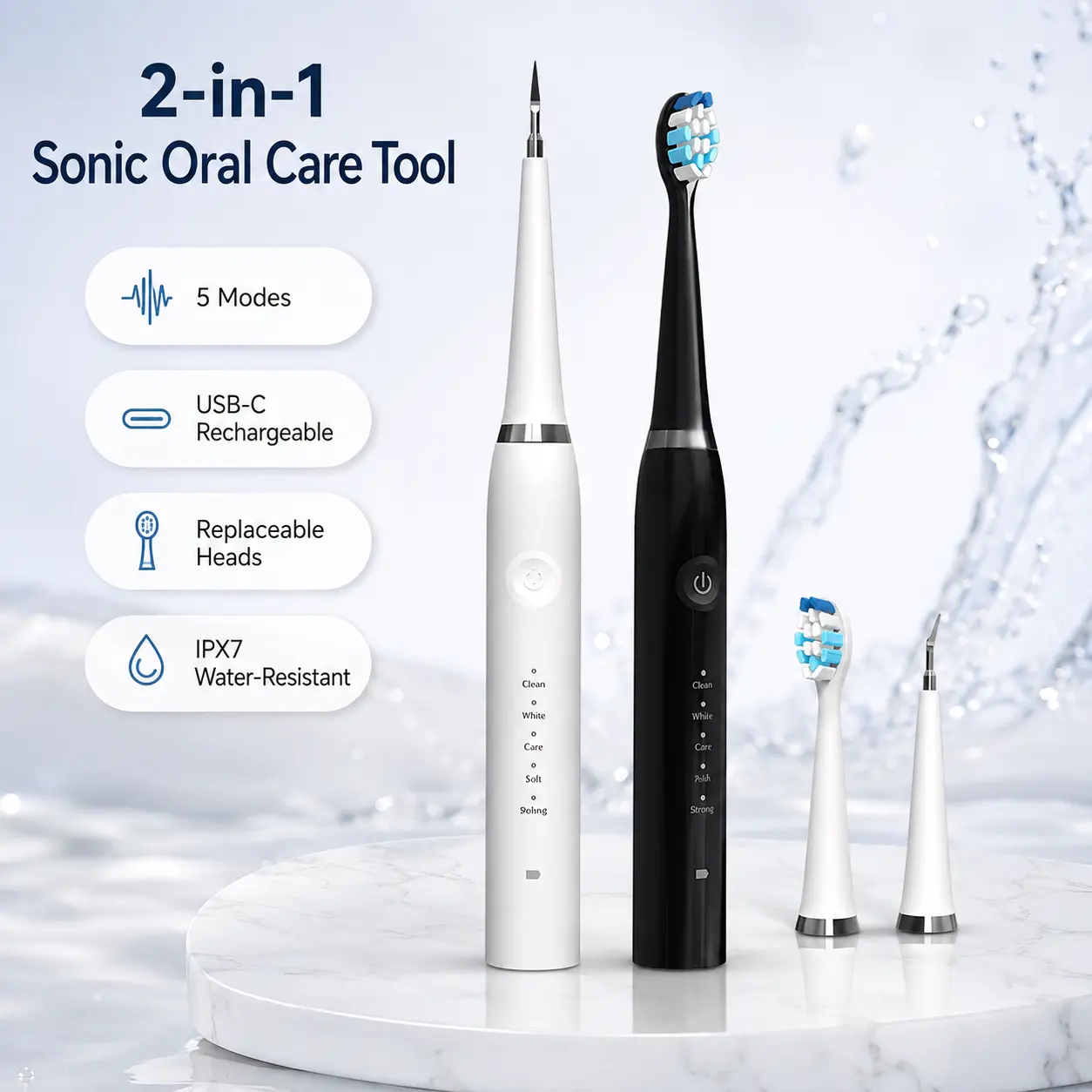 2-in-1 Sonic Tooth Cleaner & Electric Toothbrush, 5 Cleaning Modes, Replaceable Brush Head, USB-C Rechargeable Oral Care Tool for Adults