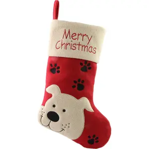 18’’ Dog Felt Christmas Stockings Paws Embroidered for Pets Puppy Red Xmas Stocking Gift Bag Cuff Lovely Home Holiday Decoration