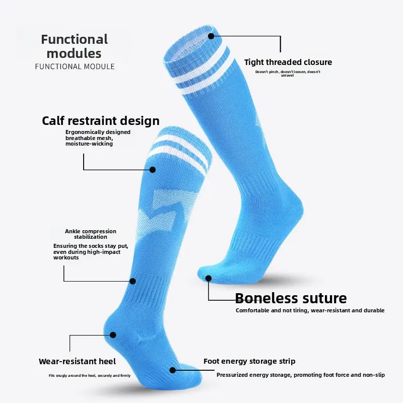 Children's Football Socks Over Knee Non-Slip Sports Socks Striped Breathable Student Training Socks with Calf Restraint & Ankle Compression Stabilization Moisture-Wicking Fabric