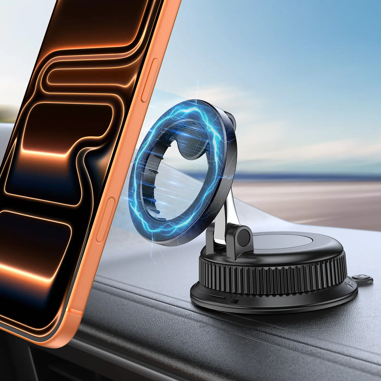 Suction cup phone holder, magnetic car navigation mount compatible with iPhone 17/16/15/14 (MagSafe) and Samsung Galaxy S26/S25 Ultra; detachable portable dashboard and windshield mount suitable for pickups, jeeps, trucks, and passenger cars.