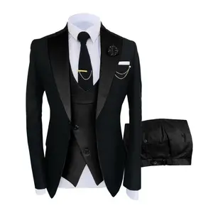 Men's Slim Fit Long Sleeve Plain Three-Piece Suit, Peak Lapel Single Button Jacket & Double Breasted Vest, Ideal for Business Casual Outfits and High-End Formal Events, Classic Menswear