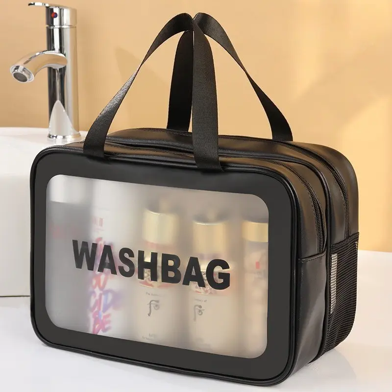 Large Capacity Transparent Dual-Layer Travel Bag, Travel Cosmetic Bag, Cosmetics Bag, Matte PVC Bathroom Organizer, Dry-Wet Separation, Portable Handheld Shower Kit, Makeup Bags, Travel Beauty Bag